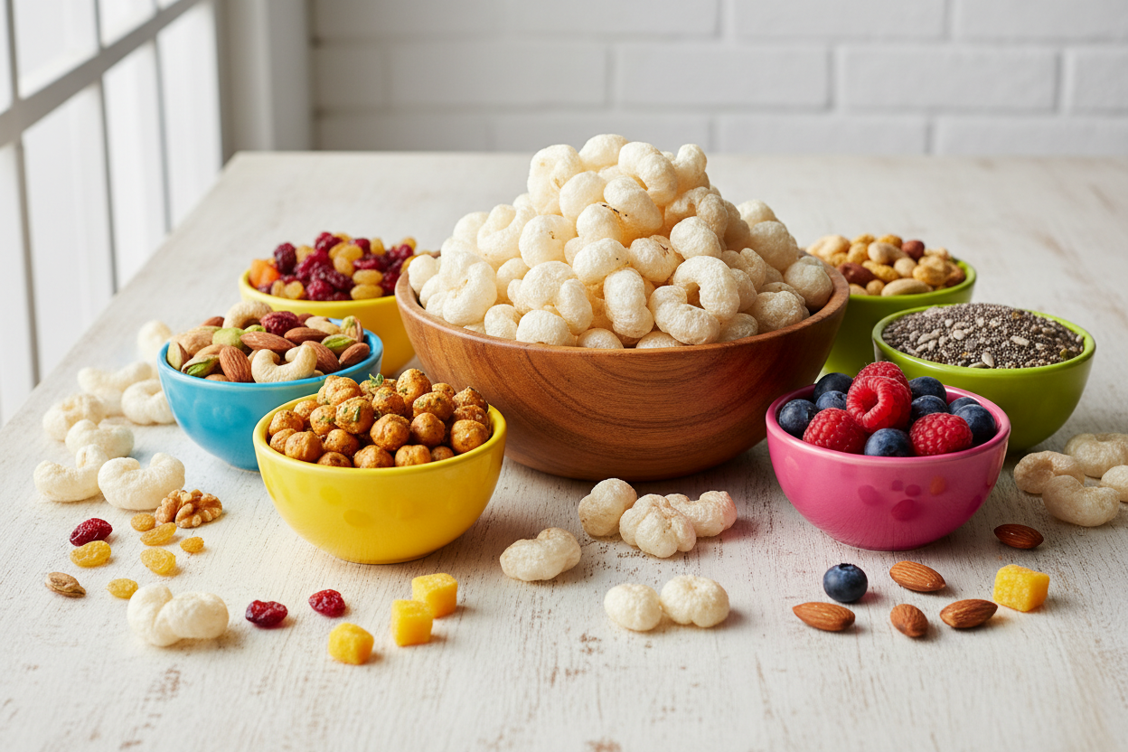 create a fun image with lots of healthy snacks like foxnuts makhana